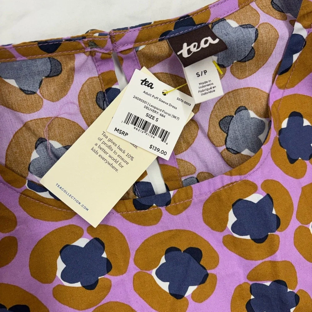 NEW Tea Collection Adult Puff Sleeve Dress Size Small Leopard Floral Midi Cotton - Picture 5 of 9